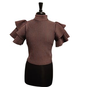 Striped Ruffle-Sleeve Mock Neck Top - Mauve-Pink & Black